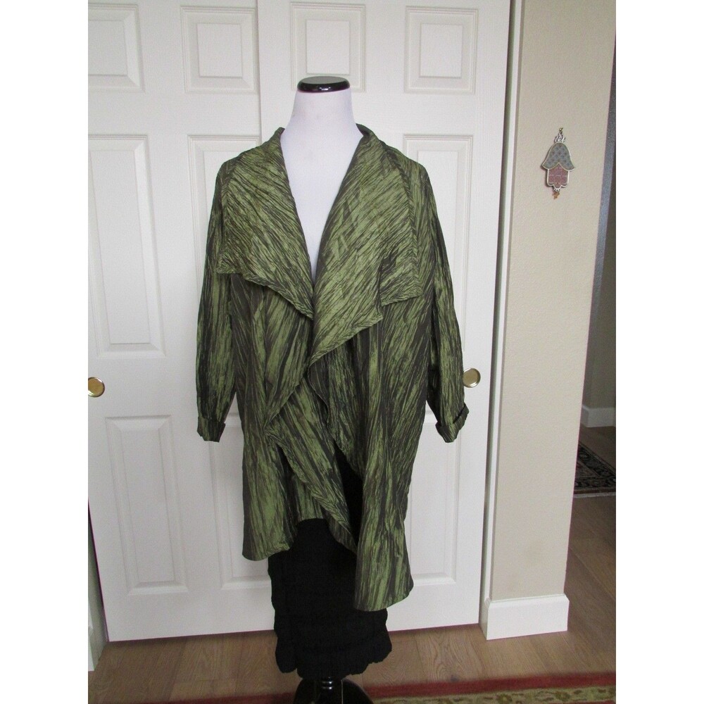 Kathleen Sommers Sz L Green Iridescent Crinkled Long Art-Wear Open Jacket